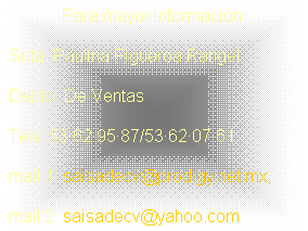 Cuadro de texto: Para mayor informacin:
Srita. Paulina Figueroa Rangel
Depto. De Ventas
Tels. 53629587/53620761
mail 1: saisadecv@prodigy.net.mx,
mail 2: saisadecv@yahoo.com
